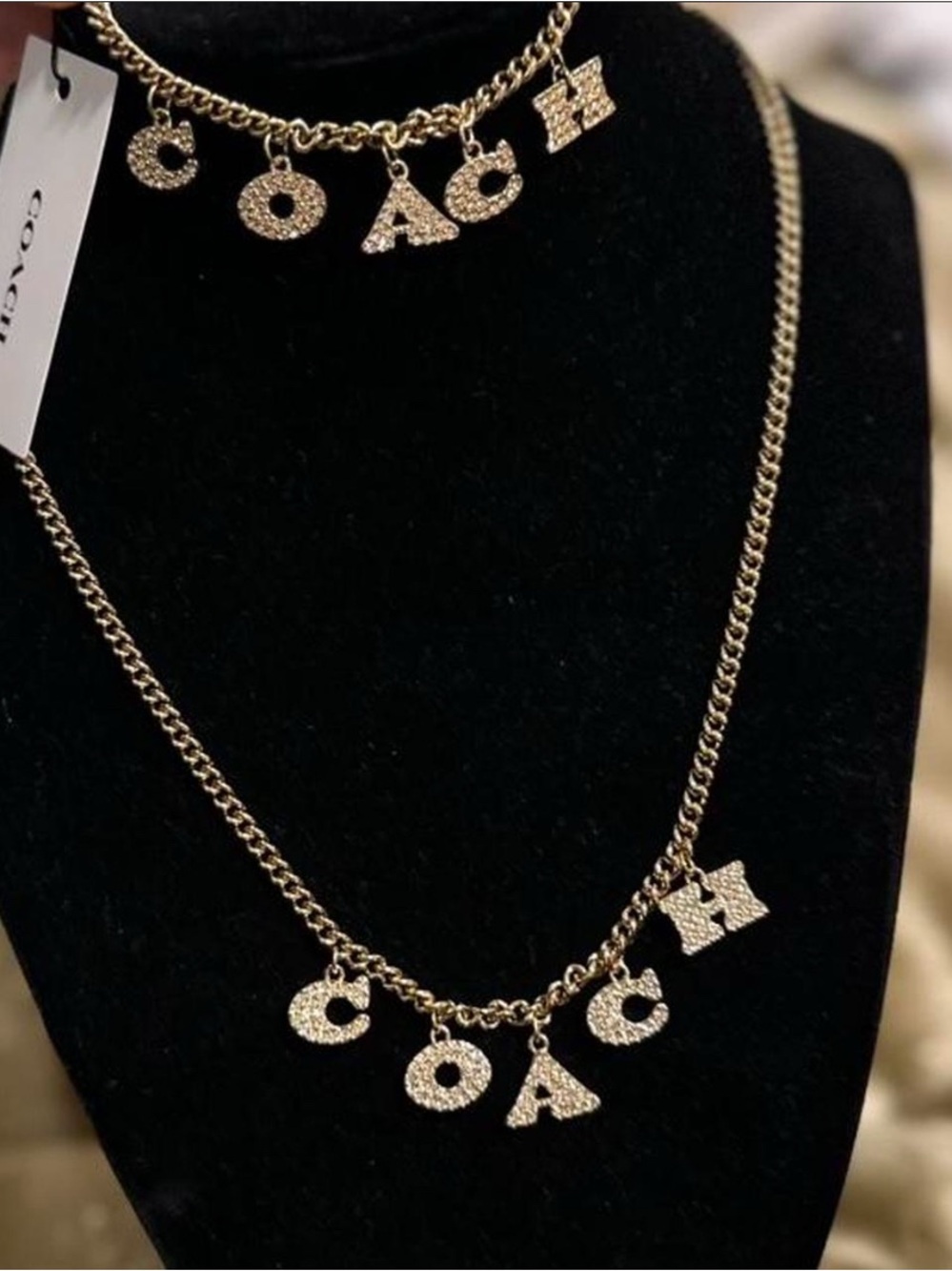 NWT! COACH Gold/Pearl Pave Charm Necklace and Bracelet Set - Picture 3 of 5